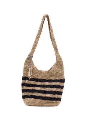 Tommy Bahama Tan & Black Striped Hobo with Bungee Cord, Medium Sized